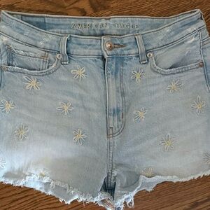 American Eagle Outfitters Light Blue Embroidered Floral Jean Shorts